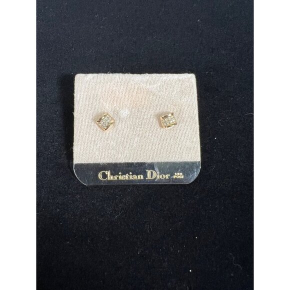 Christian Dior Vintage Gold-Tone Square Stud Earrings With Rhinestones On Origin - Picture 1 of 3